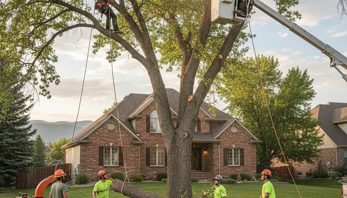 Arborists performing professional tree removal with safety gear in Littleton, CO residential area
