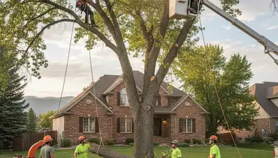 Arborists performing professional tree removal with safety gear in Littleton, CO residential area