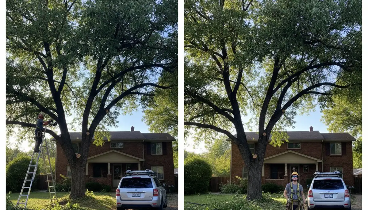 Arborist lifting tree canopy for better driveway clearance during trimming service in Littleton, CO