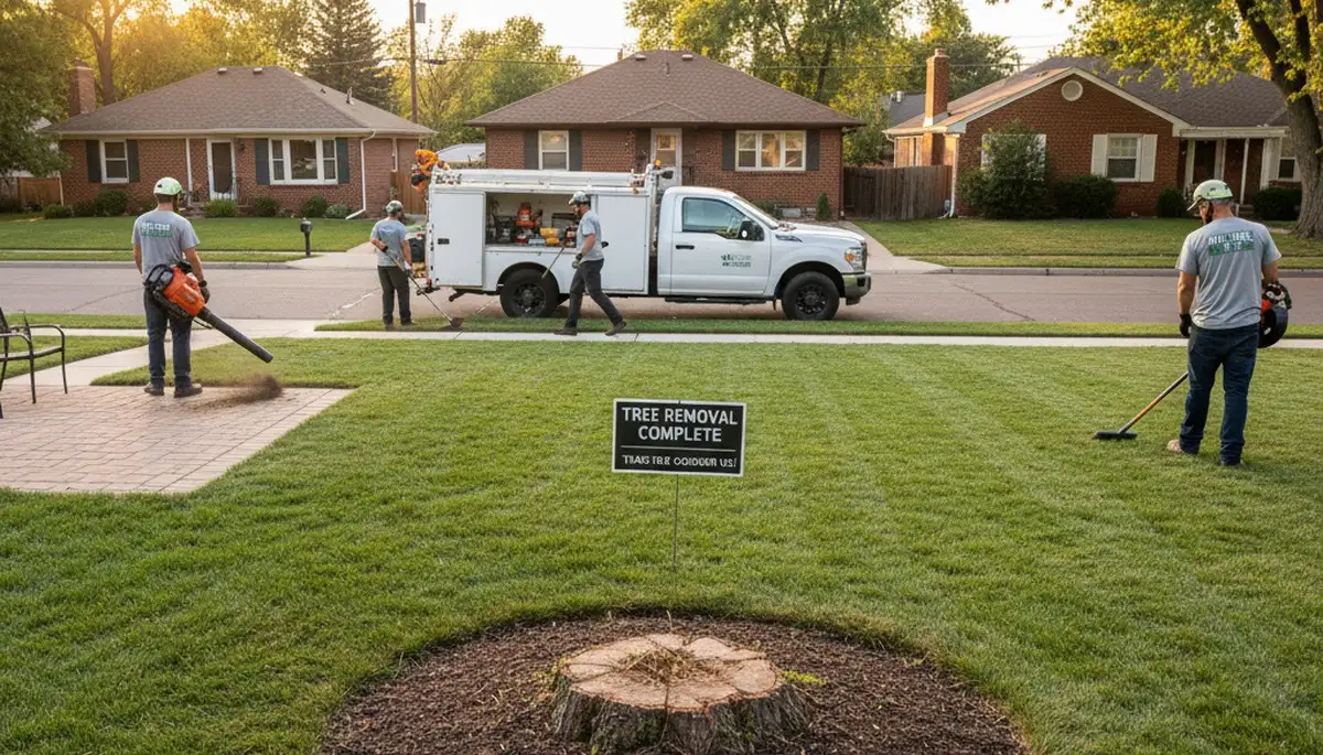 Tree removal cleanup and stump grinding completed in Littleton, CO yard by professional landscaping team