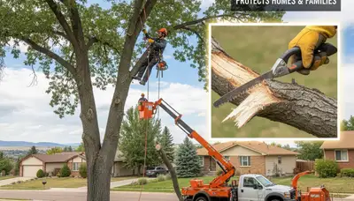 Arborist removing dead branches from mature tree in Littleton, CO with professional tree trimming tools
