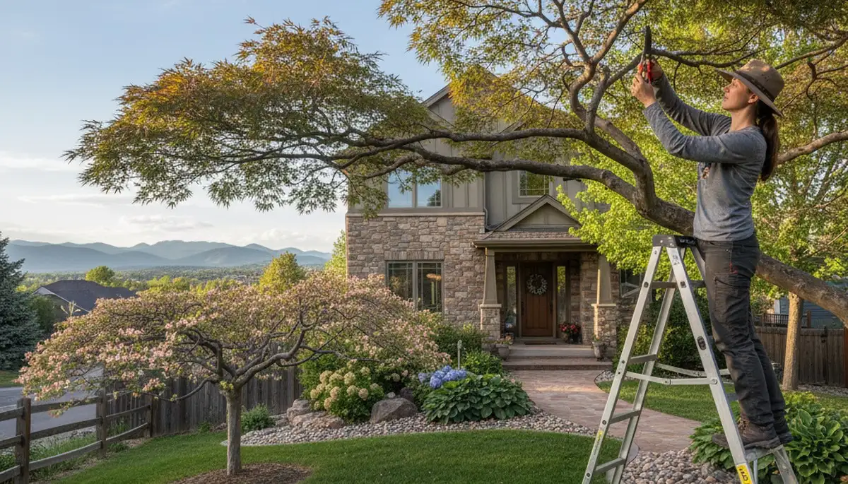 Arborist hand pruning ornamental Japanese maple tree in Littleton CO residential yard for curb appeal