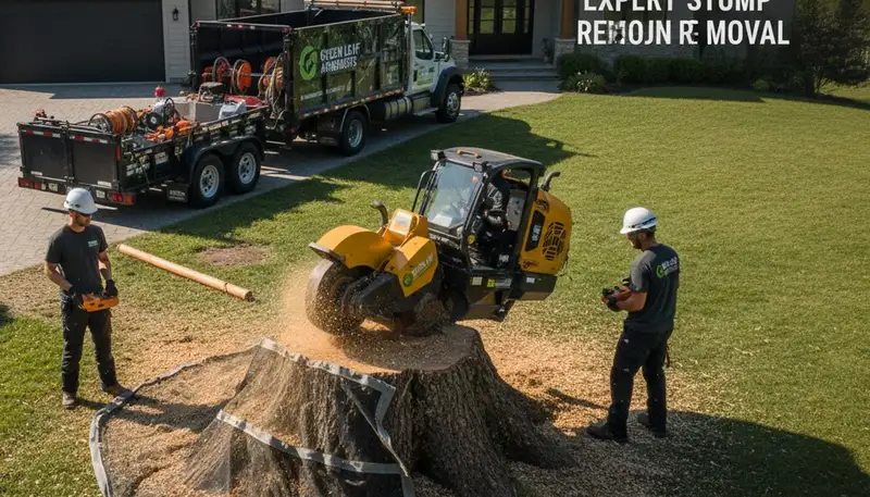 Arborist grinding tree stump in rocky soil during professional stump removal in Littleton, CO