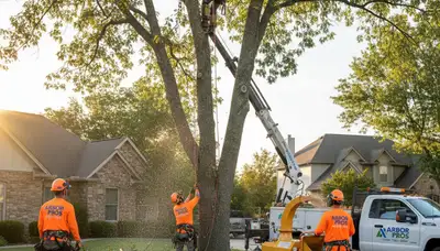 Professional tree removal team cutting down a large oak in Littleton, CO safely and efficiently