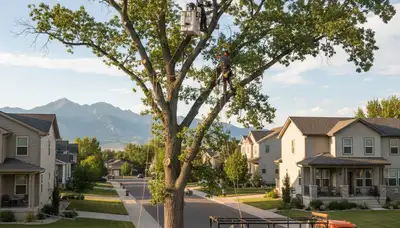 Professional tree removal service crew working in Littleton CO yard