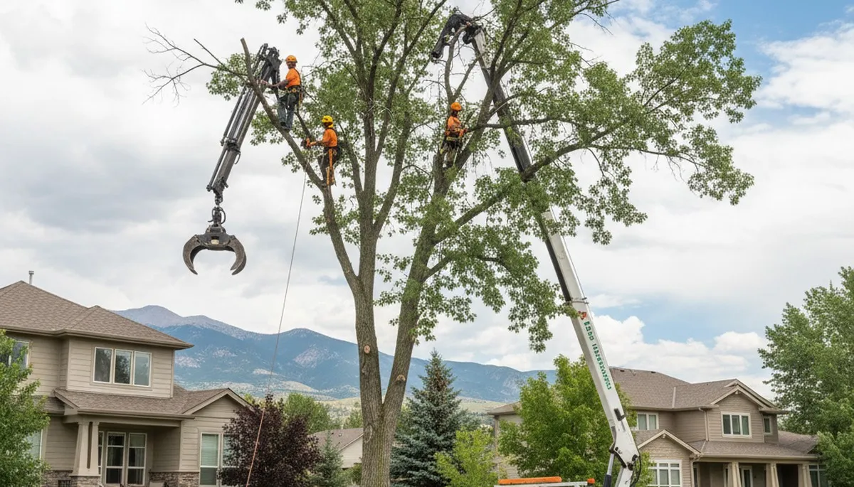 Professional tree removal service in Littleton, CO safely cutting and clearing large backyard trees