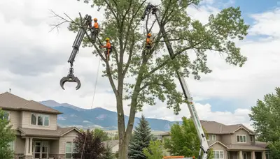 Professional tree removal service in Littleton, CO safely cutting and clearing large backyard trees