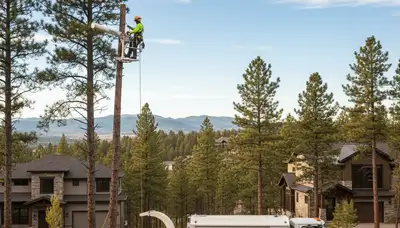 Professional tree removal service in Littleton, CO safely cutting down large pine tree