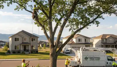 Professional tree removal service in Littleton CO safely cutting and clearing large residential trees