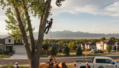 Professional tree removal service in Littleton, CO safely cutting and clearing large backyard trees