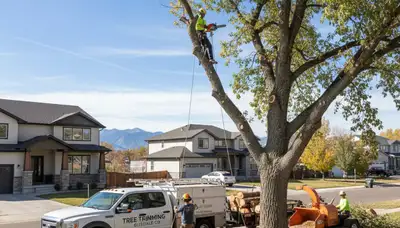 Professional tree removal service in Littleton, CO safely cutting and clearing large tree