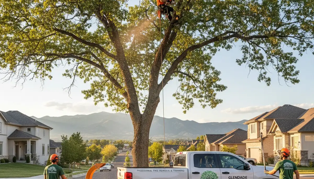 Professional tree removal service in Littleton CO safely clearing large oak tree