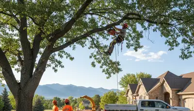 Professional tree removal service team working in Littleton, CO yard