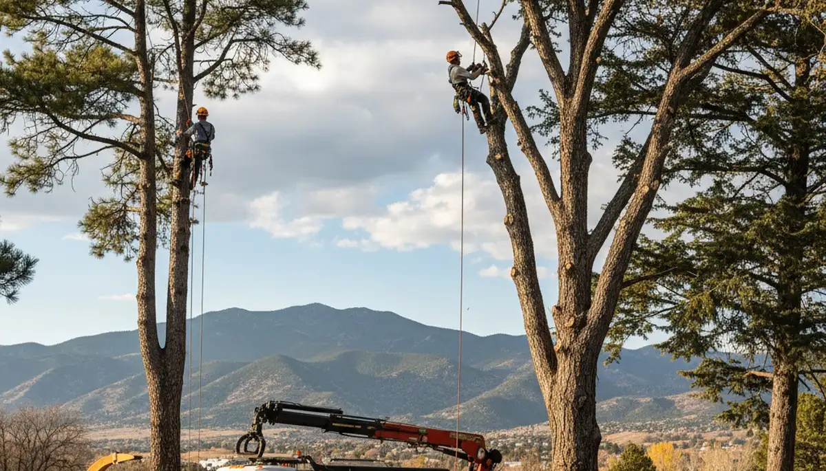 Professional tree removal service crew in Littleton CO safely cutting and clearing large pine tree
