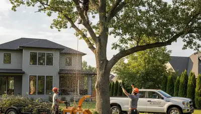 Professional tree removal service crew in Littleton CO clearing large pine safely