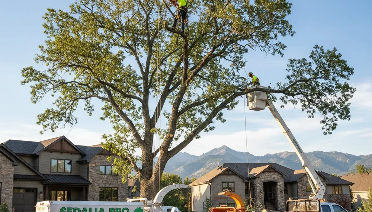 Professional tree removal service in Littleton CO safely cutting and clearing large residential trees