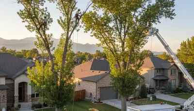 Professional tree removal service in Littleton, CO safely cutting large backyard tree