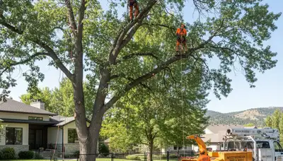 Professional tree removal service in Littleton CO safely cutting and clearing large backyard trees