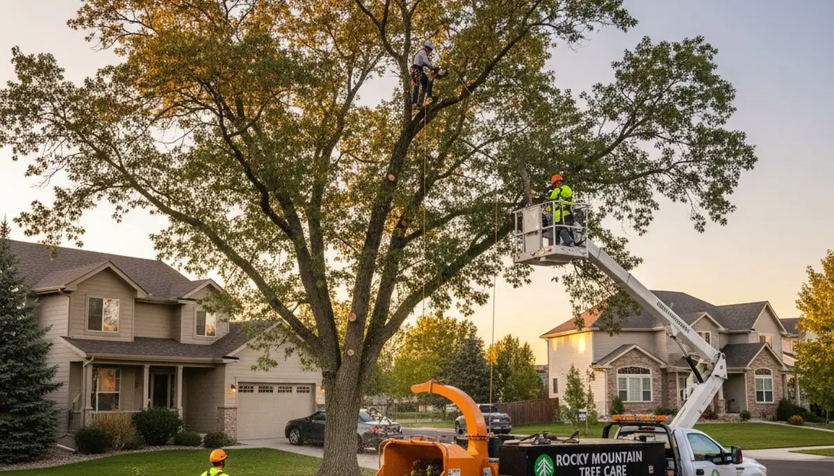 Professional tree removal service in Littleton, CO safely cutting and clearing large backyard trees